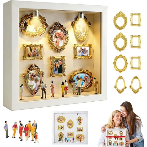 Tiefer Bilderrahmen mit Glas für Objekte, DIY Mini-Silhouette-Museumsbox, 8 Vintage-Mini-Fotorahmen, goldene Mini-Rahmen und 8 Figuren, für ein originelles Valentinstagsgeschenk (Weiß) (1/5)