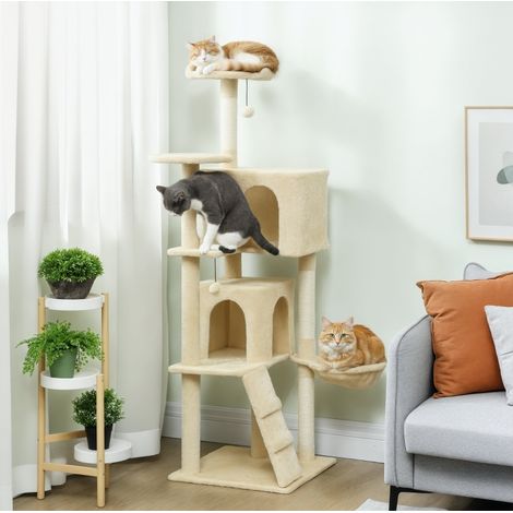 Arbre à chat 160 cm beige avec hamac, échelle, niche et poteaux en sisal OKWISH (1/5)