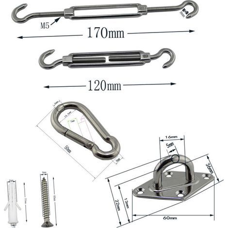 Kit de matériel de voile d'ombrage de 12,7 cm en acier inoxydable 304 pour voiles d'ombrage rectangulaires et triangulaires de jardin, accessoires de fixation de voile d'ombrage robus (1/3)
