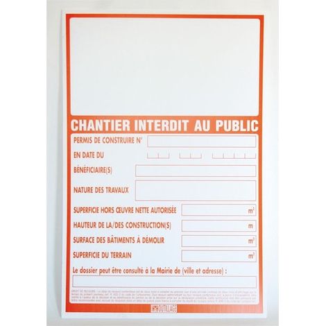 Mondelin – Panneau d'interdiction permis de construire 80x120cm – Polypropylène alvéolaire blanc 450 g/m2 – Pour chantiers humides
