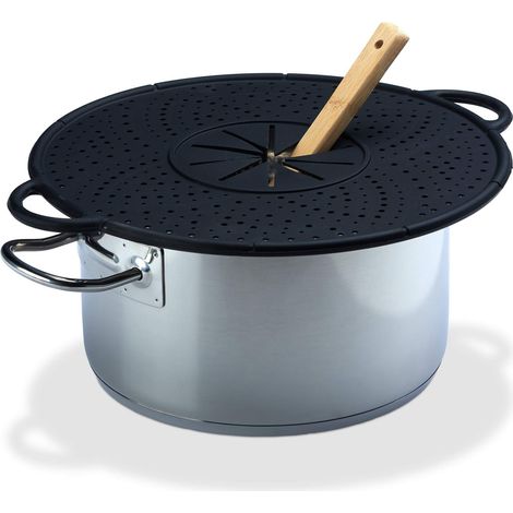 Relaxdays Protezione da cucina in silicone, paraspruzzi e piattino per pentole, resistente al calore, facile da pulire, 30 cm 31 x 36,5 x 1 cm, nero (1/5)