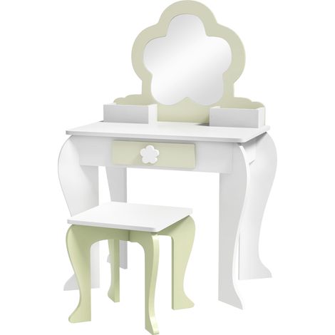 Set Toeletta per Bambina con Specchio Trucco in Acrilico e Sgabello Abbinato in MDF Bianco