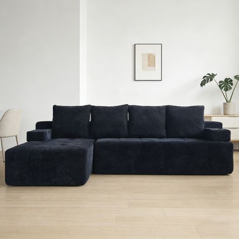 Canapé d'angle réversible en tissu noir avec rangement latéral et porte-gobelets (1/5)
