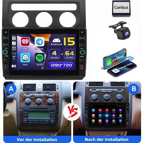 Carplay Android 15 Autoradio GPS WIFI USB Type-C Pour VW Touran 1T1 1T2 1T3 2003-2010 4+64G CAM (1/5)