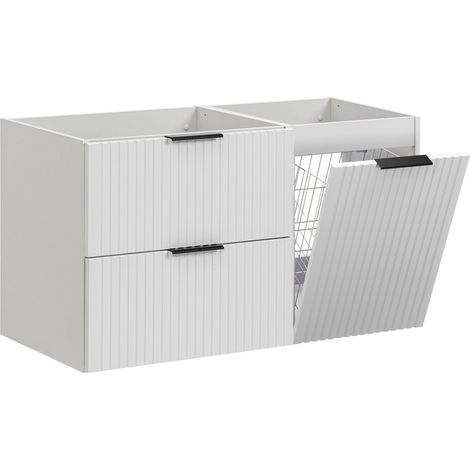 Furnidea - Meuble suspendu sous vasque avec panier à linge ADEL BLANC 100 cm - 2 tiroirs - Façades rainurées (1/5)