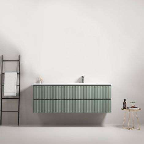 Mobile bagno sospeso cannettato 140 cm Verde Salvia Lavabo a Destra in Resina Senza Specchio - Fiji Paint (1/4)