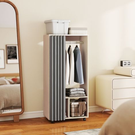 Armoire penderie armoire de rangement mobile avec rideau, tringle de suspension, 60 x 40 x 128 cm, effet bois naturel