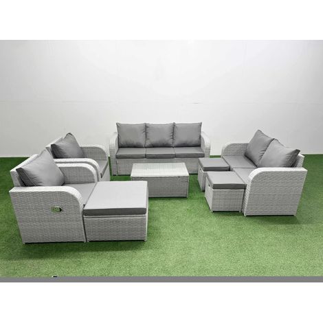 Fimous PE Rattan Garden Furniture Set Adjustable Chair Sofa Double Love Seat 2 Seater Sofa Lounge Set Oblong Coffee Table 3 Stools Light Grey (1/4)