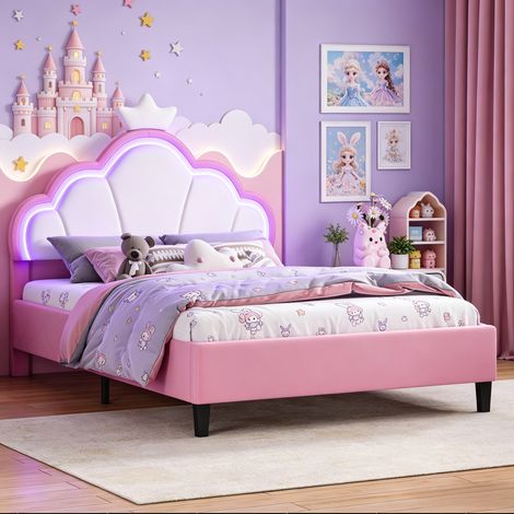 JOOKGBD–Letto per bambini 140x200 cm,Letto matrimoniale,Letto principessa,Letto imbottito,LED,Testiera regolabile,Rete a doghe,Velluto,Rosa (1/5)