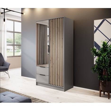 Armoire 2 portes MELODIE 105 cm gris avec miroir (1/4)