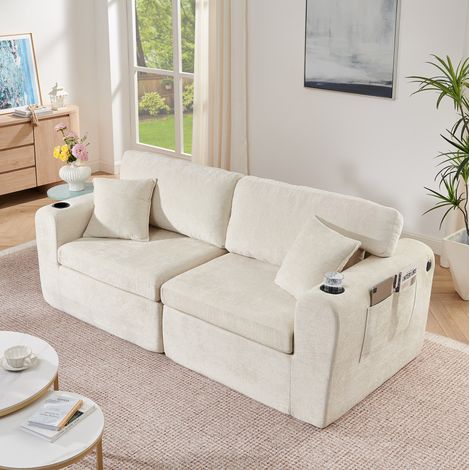 Canapé relax 2 places beige en chenille avec porte-gobelets, poche latérale, coussins et port USB