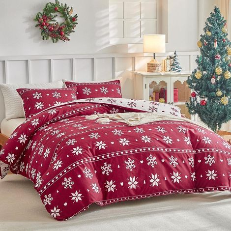 Bettwäsche-Set Doppelbett 200x200 cm Rot Schneeflocken Mikrofaser mit Reißverschluss