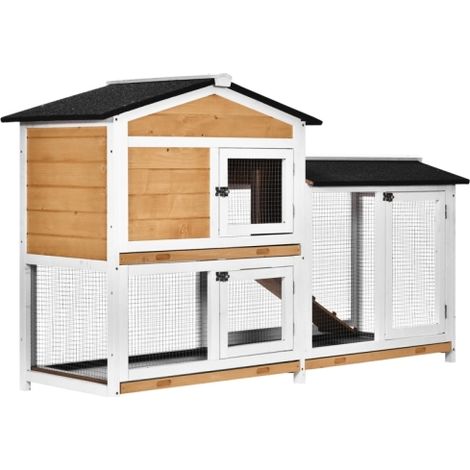 Wooden Rabbit and Guinea Pig Hutch with Run, 2-Tier Outdoor Pet Cage, 157.4 x 53 x 93.5cm, Leak-Proof Plastic Trays, Yellow (1/5)