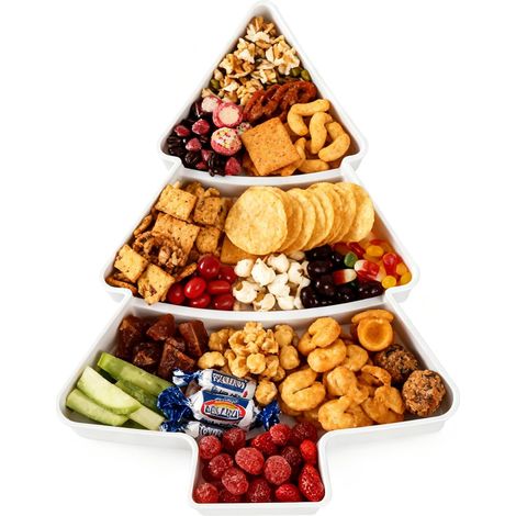 Plateau de Service en Forme de Sapin de Noël Blanc, 3 Compartiments, Assiette à Apéritifs Réutilisable en Plastique PP, Plateau à Friandises et Fruits (1/5)