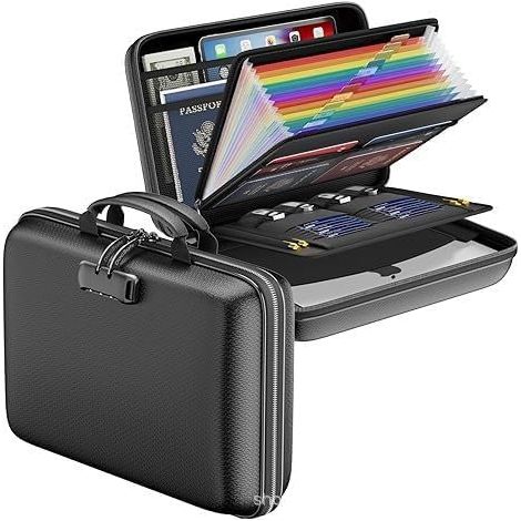 Fireproof Document Bag with Lock, Hard Shell Storage Box with 13 Compartments, File Organiser, Portable Document Box, Document Storage for Home, Office
