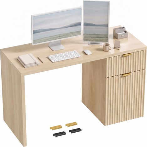 HOMCOM escritorio reversible con cajón, 120 cm, mesa de escritorio con armario, estante ajustable y tablero grueso, para oficina en casa, roble (1/5)