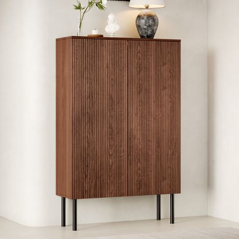 Vitrine 80x35x145 cm, meuble bar avec LED, fond miroir, étagère en verre, façade rainurée, rangement pour verres et bouteilles - Marron (1/5)