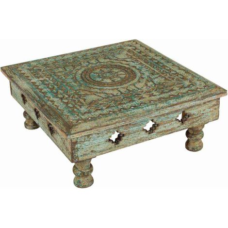 Mesa centro de madera tallada acabado artesanal 33x33x14