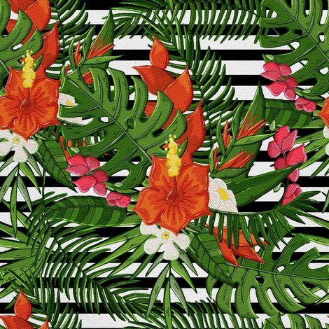 Tela Oxford decorativa para exteriores - Estampado de flores exóticas sobre rayas (1/5)