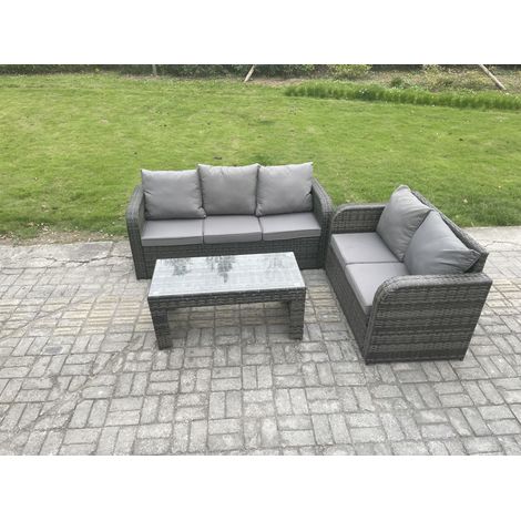 Fimous Outdoor Rattan Garden Furniture Set Patio Lounge Sofa Set with Rectangular Coffee Table Dark Grey Mixed (1/5)