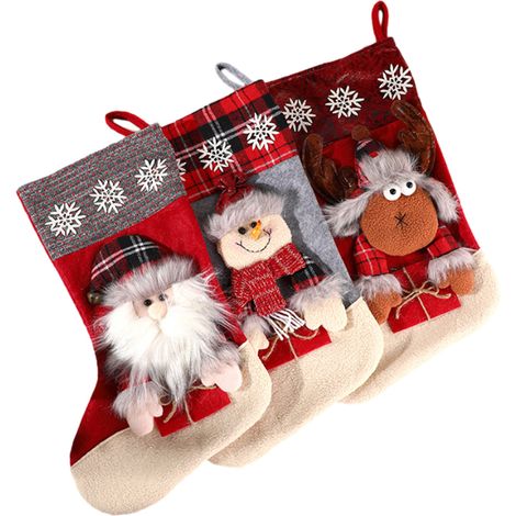 Ensemble de 3 bas de Noël vintage : Père Noël, bonhomme de neige, renne, personnages de Noël (grand format). (1/5)