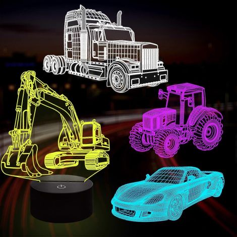 Veilleuse 3D en forme de voiture, camion, tracteur, pelleteuse, 16 couleurs changeantes avec télécommande, intensité réglable (4 motifs), idéale pour la chambre d'enfant.