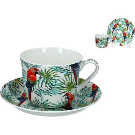 Frühstückstasse mit Untertasse – Tropische Sittiche (FBCh)