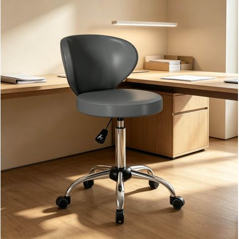 Taburete de salón giratorio 360° con respaldo lumbar, asiento acolchado, PU gris (1/5)