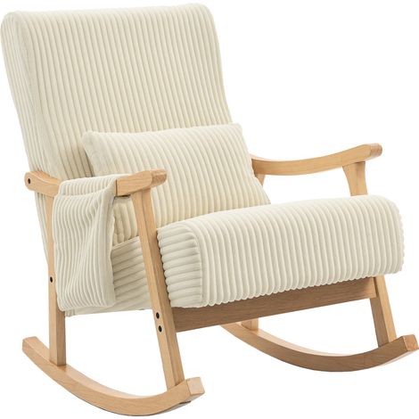 Sillón giratorio de tela con cojín lumbar, patas y reposabrazos de madera de caucho, estilo moderno, color beige (1/5)