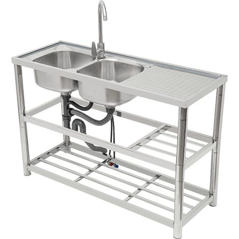 Évier commercial double cuve de 120 cm mobile en acier inoxydable sur pied avec robinet couleur argent. (1/5)