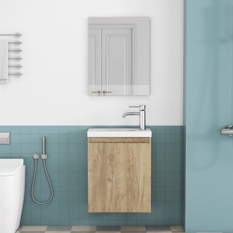 Meuble vasque mural effet bois chêne 45 x 34 x 58 cm avec lavabo céramique et miroir, OKWISH (1/5)