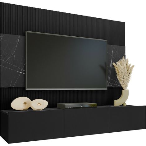 Mobilier1 – Ensemble de meubles de salon avec table TV – Noir et marbre noir – Dimensions 150x180x38cm – Stratifié durable avec bords ABS