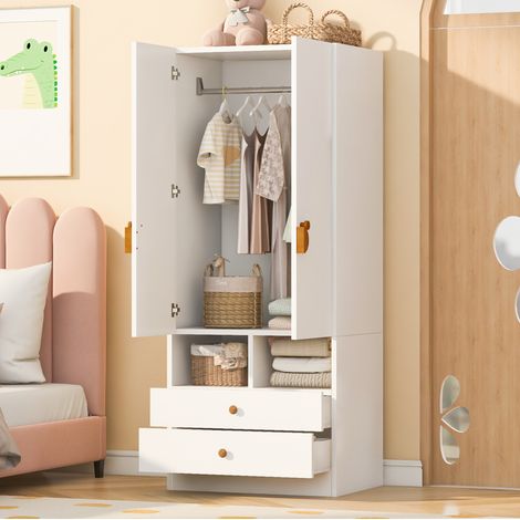 Armario ropero blanco de 2 puertas con 2 cajones y compartimentos, 70 x 50 x 170 cm, tiradores de dibujos animados, en MDF, para dormitorio o vestidor – CHICFURN (1/5)