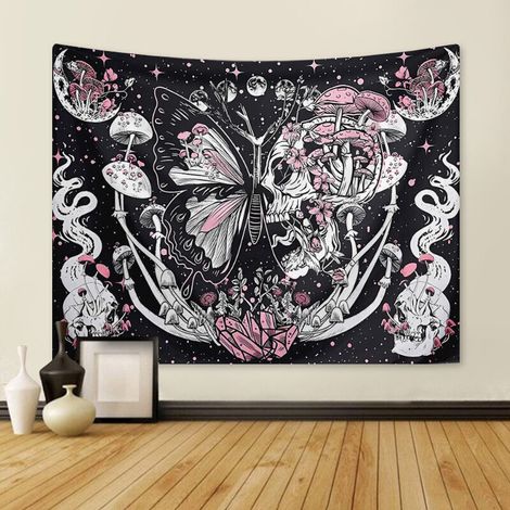 Tapisserie murale Champignon et Papillon, 130 x 150 cm, Décoration Nature, Couvre-lit, Jeté pour Maison, Salon, Chambre, Dortoir.