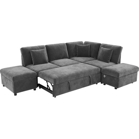 Divano angolare a L modulare 6 posti grigio in ciniglia con letto estraibile e pouf contenitore (1/5)