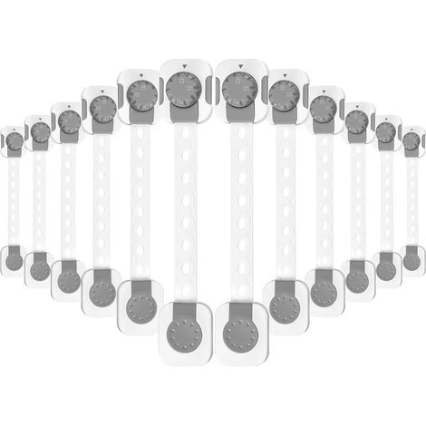 A set of 12 child safety locks, adjustable adhesive, suitable for drawers, refrigerators, and toilets, off-white.