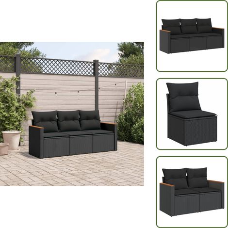 3-tlg. Garten-Sofagarnitur mit Kissen Schwarz Poly Rattan - Gartensofas - Outdoor-Möbel - Gartenmöbelset - Lounge Set - Rattanmöbel (1/5)
