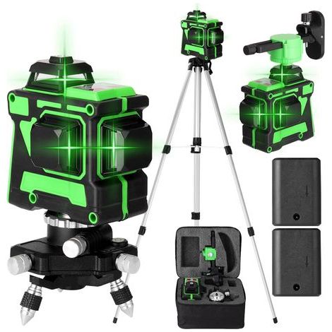 Self-Leveling 3x360° Laser Level, 3D Green 12-Line Construction Laser, Cross Laser Level, IP54 Waterproof, Rotating Laser Level, 2400 mAh Battery, with Adjustable Tripod (1/5)