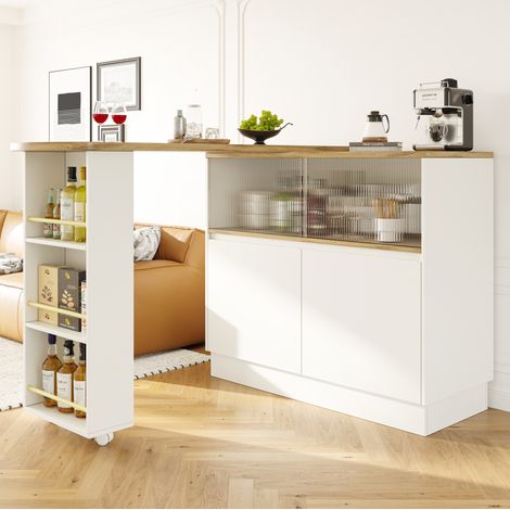 Credenza girevole 90x45x100 cm bianca in MDF con anta in vetro, ripiani aperti e spazio contenitivo (1/5)