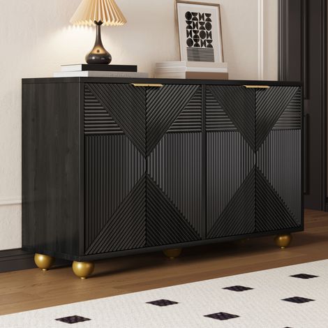Buffet Moderne Noir avec quatre portes moulurées,étagères réglables,Poignées en métal et Pieds sphériques,120L x 35l x 71.5Hcm