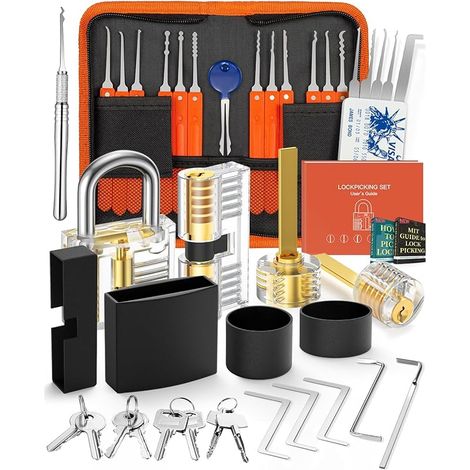 Kit de Crochetage Serrure 30+4 Pièces,  30 Pièces Lock Picking Kit, Outils de D’entraînement avec 4 Serrure Transparente Cadenas, pour Serruriers Débutant et Pro