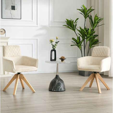 2er-Set drehbare Esszimmerstühle aus cremeweißem Stoff und Massivholz, 360° (1/5)
