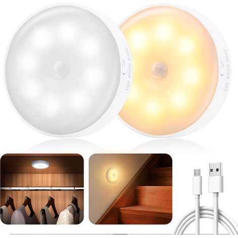 Lampe Détecteur de Mouvement Interieur, Veilleuse LED Rechargeable 3 Modes éclairage, Lampe Led Sans Fil Lumière pour d'escalier, Couloir, Chambre à Coucher, Armoire, Cuisine (2 Pièces) (1/5)