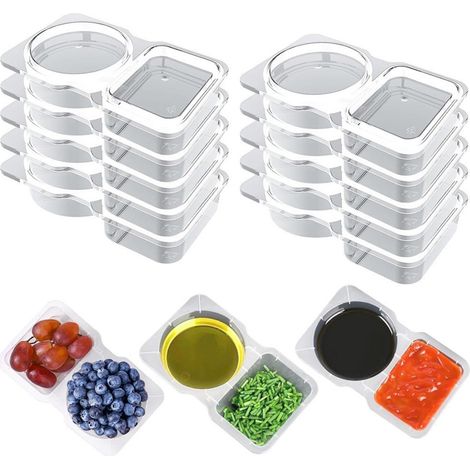 Lot de 30 petits pots transparents à double compartiment pour sauces, condiments et vinaigrettes, avec couvercle, 130 ml (1/5)