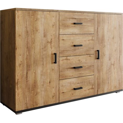 Commode Charlotte 118, Chêne de Lefkas + Noir, Tiroirs et portes, Nombre de tiroirs: 4, 92x132x38cm