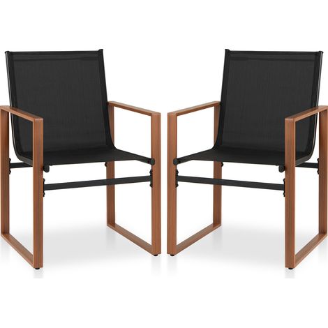 Lot de 2 chaises de repas noires en métal avec assise et dossier respirants, accoudoirs et pieds réglables pour terrasse et jardin (1/5)