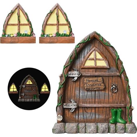 Portes et Fenêtre de Fée Miniatures Lumineux, Fée GNOME Miniature Statues Arbre de Porte Brille dans Le Noir, Fées Porte de Jardin Porte Miniature Décoration de Jardin