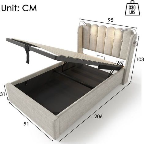 Lit simple 90x200cm - Velours beige - Tête de lit design - Lampe de lecture - Fonction de charge USB (1/5)