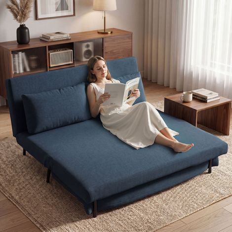 Canapé Convertible 2 Places, canapé-lit clic-clac 3 en 1, dossier ajustable, coussin inclus, assise spacieuse, bleu (1/5)