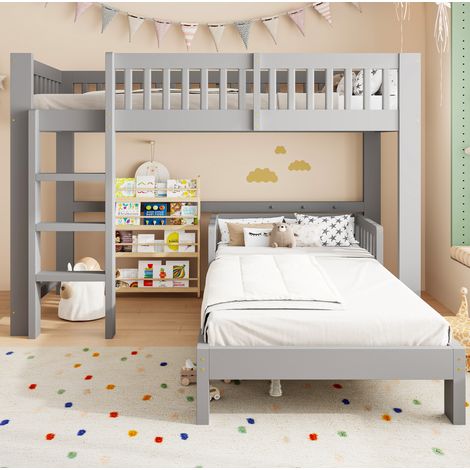 Cama infantil modular 90x200 cm con cama alta y cama simple, gris, madera, OKWISH (1/5)